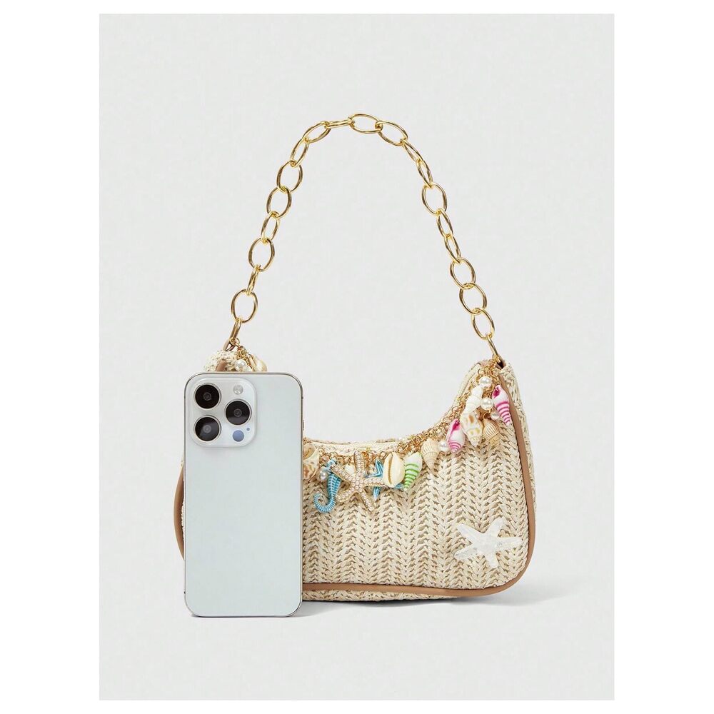 4853 Boho Seashell Starfish Straw Shoulder Handbags Chain Strap Top Handle - Picture 5 of 6